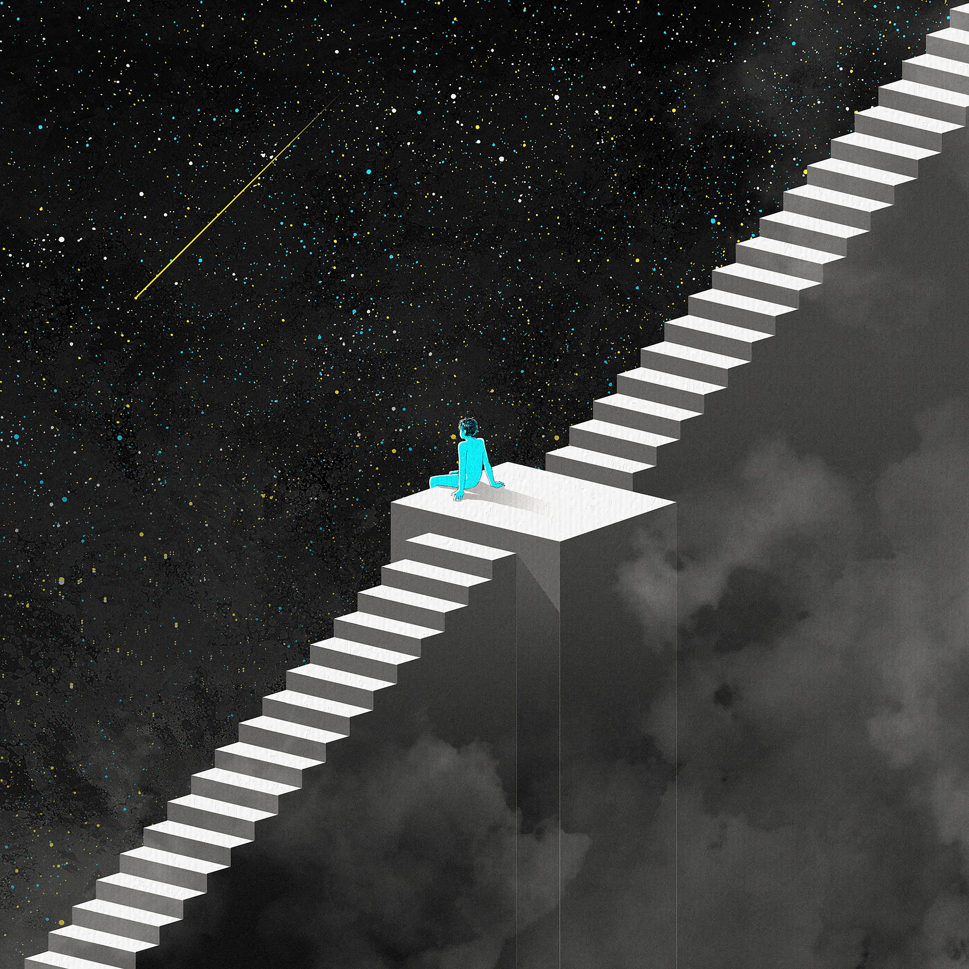 A man sitting in some stairs in space