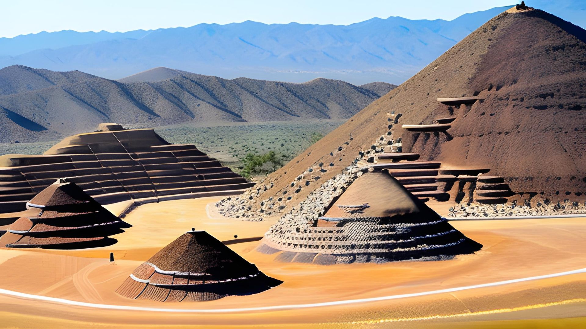 a set of three pyramids that are in the middle of a desert