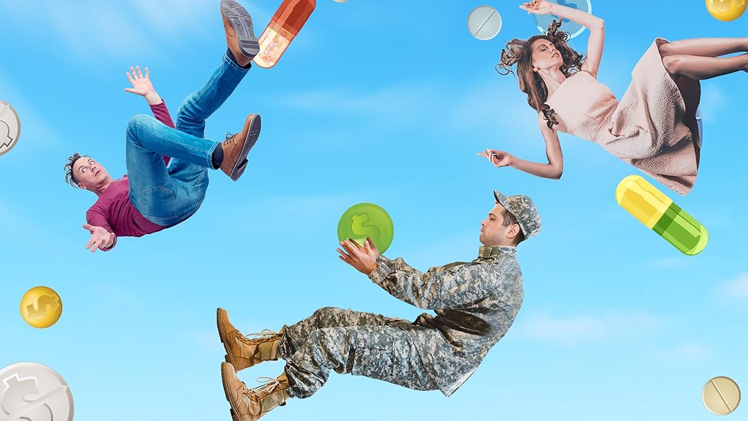 men and soldiers float among pills