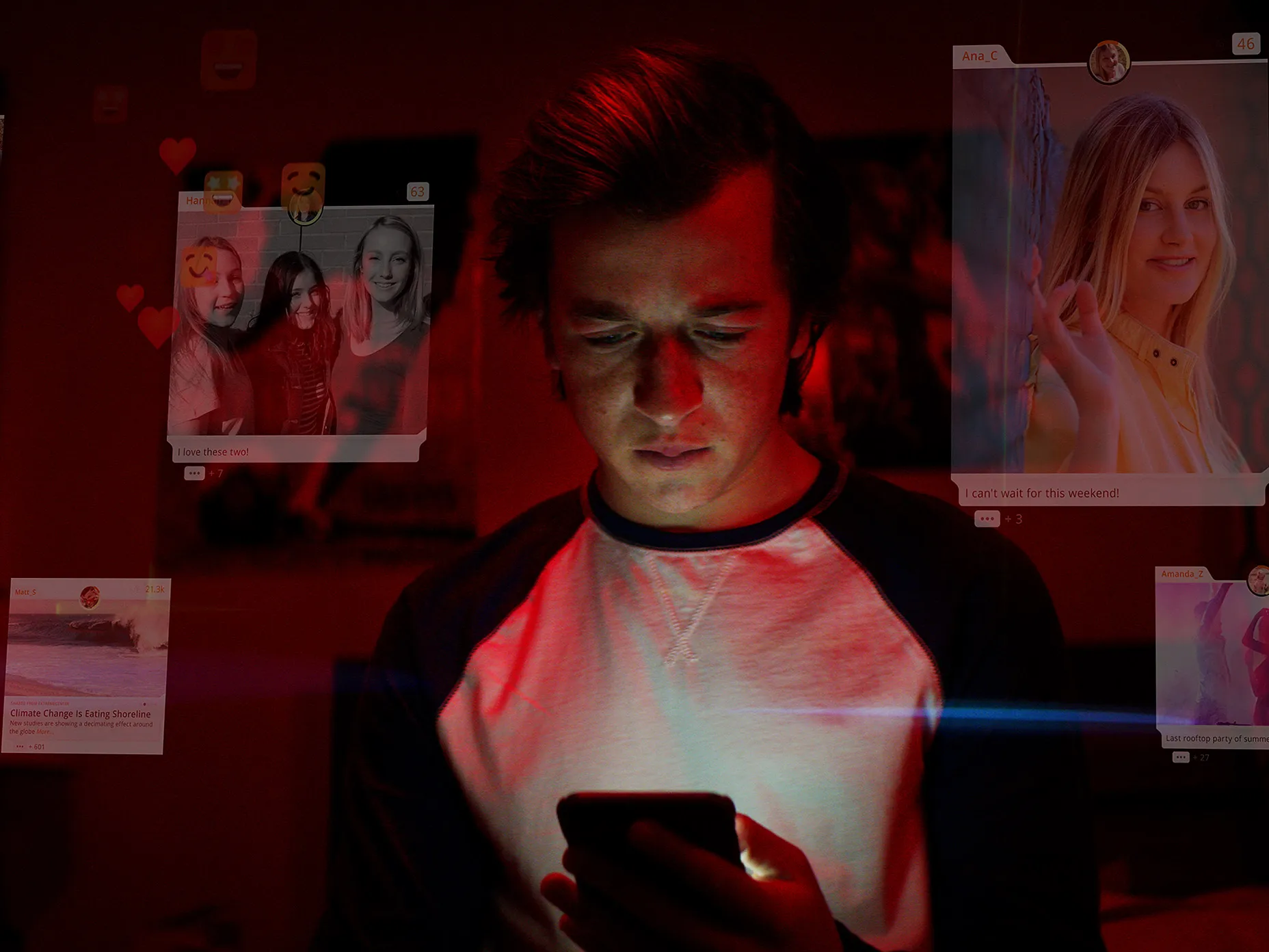 boy with his cell phone surrounded by images from his social media feed