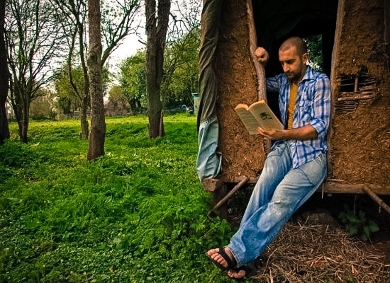 A bearded man reads a book while leaning against a tree