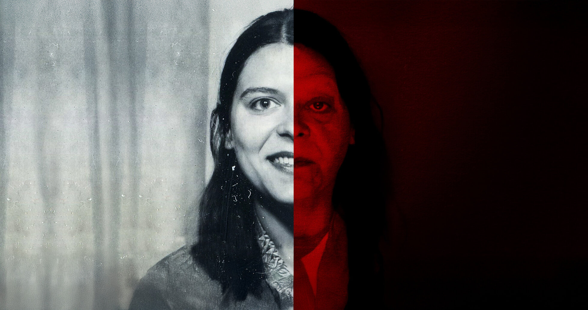 a woman cut in two, one smiling and the other half dark and macabre old woman